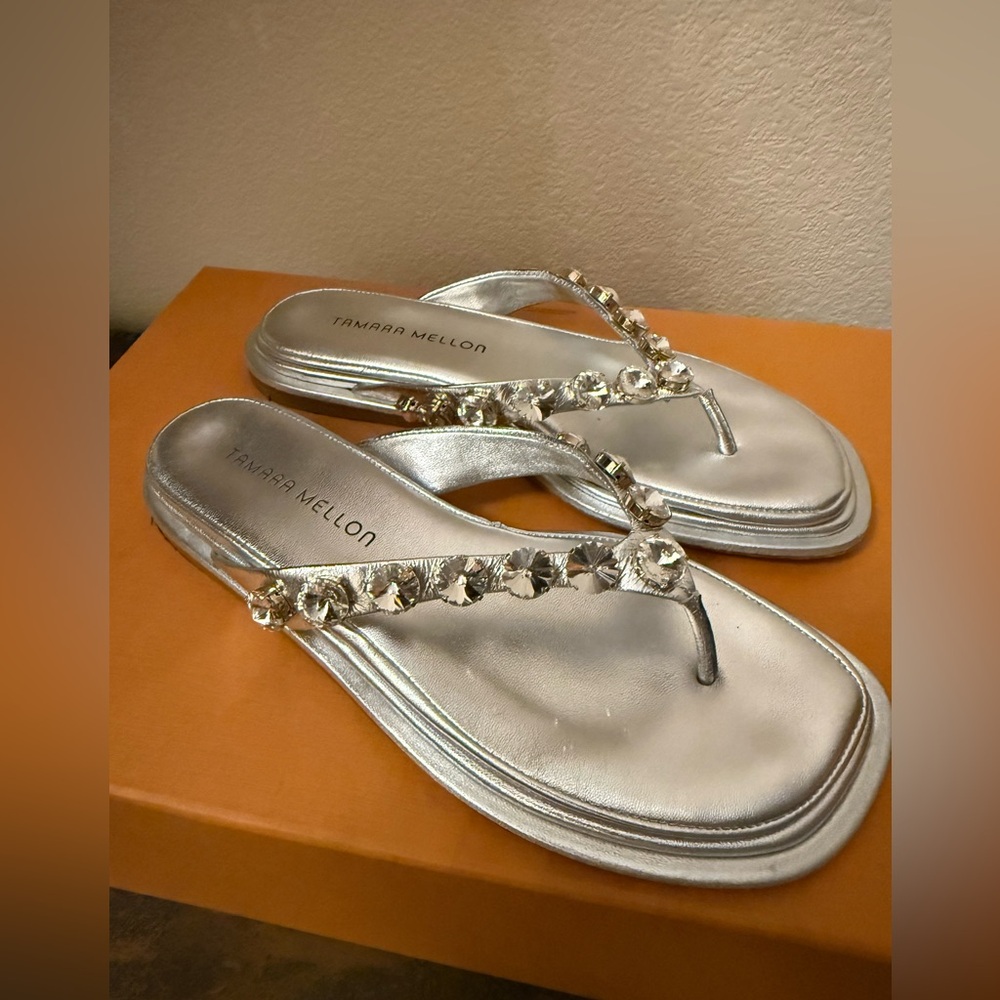 Tamara Mellon Silver Crystal Flat Sandals EU 37 US 7 Bridal Luxe